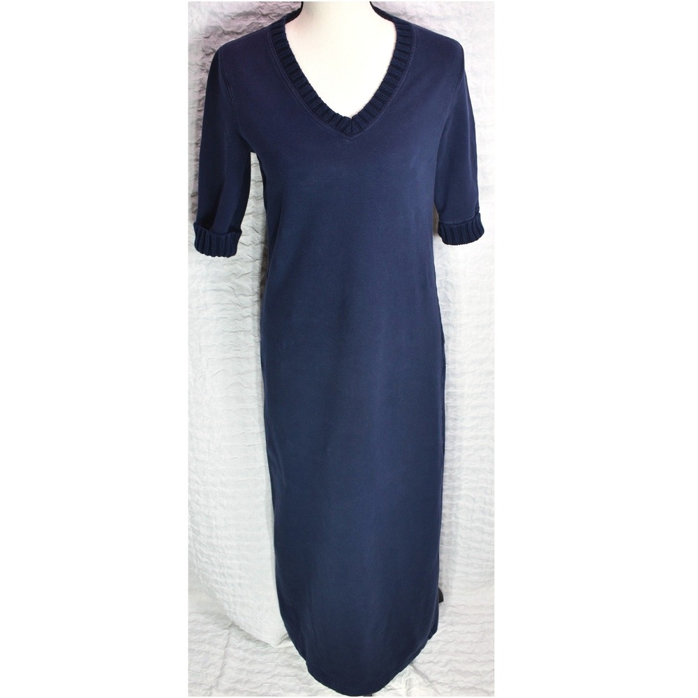 Lauren Ralph Lauren Navy Blue V-Neck Ribbed Trim Cotton Maxi Dress Womens Small